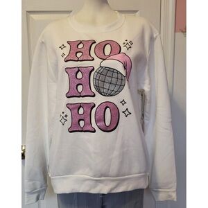 White Sweatshirt with Pink and Silver 'HO HO HO' Design